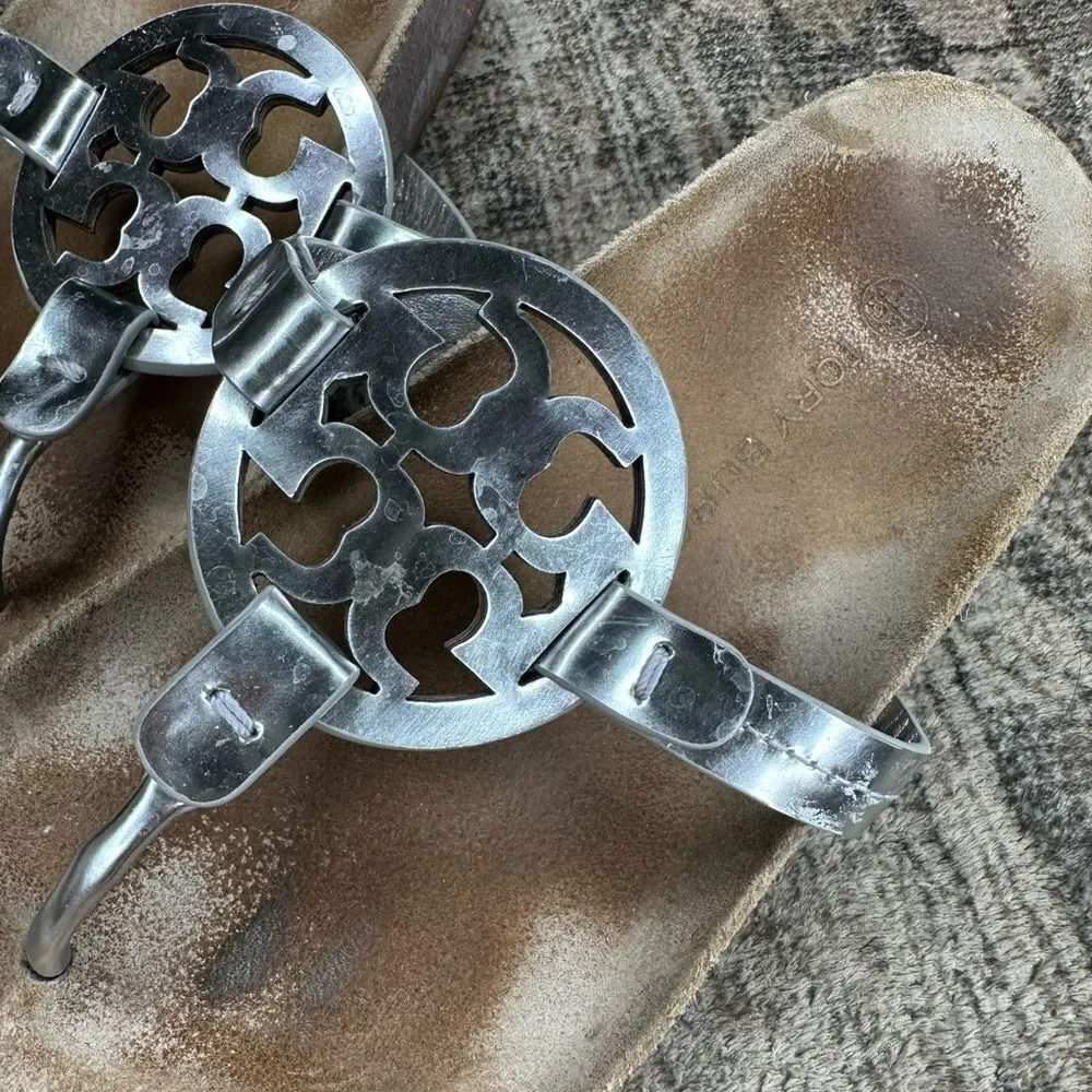 Tory Burch Miller Cloud Metallic Silver Sandals 8.5